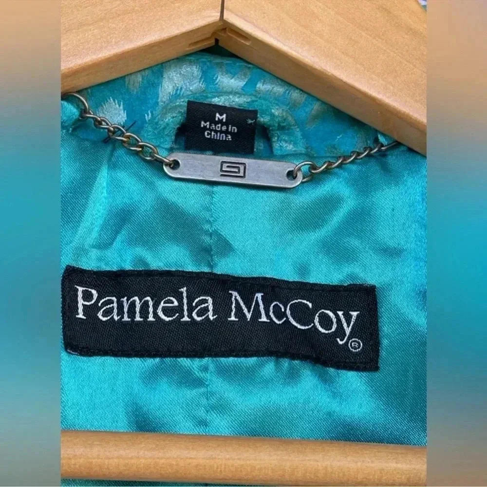 Pamela McCoy Turquoise Cheetah Leopard Print 100% Leather Full Zip Jacket medium